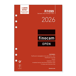 Finocam R1099 Recambio Anual 2026 para Agendas Open 2026 - Formato 1000 - 155x7x215mm - Semana Vista en Vertical - Color Blanco