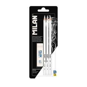 Milan Pack de 3 Lapices + 1 Goma para Dibujo - Mina Blanca para Papel Oscuro - Miga de Pan Flexible - Color Blanco