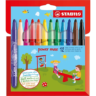 Stabilo Power Max Pack de 12 Rotuladores de Punta Gruesa - Trazo 3mm - Tinta Lavable - No se Seca - Colores Surtidos