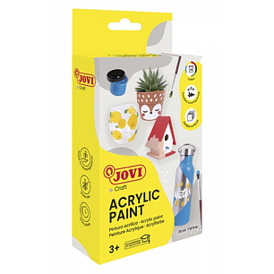 Jovi Pintura Acrilica Estuche con 6 Botes + Pincel - Acabado Satinado - Alto Poder Cubriente - Aplicacion Facil - Resistente al Agua y Jabon - Color S