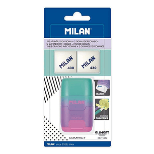 Milan Compact Sunset Afilaborra Compact con 2 Gomas de Borrar - Sacapuntas Doble - Cuchilla de Seguridad - Color Turquesa/Violeta/Rosa