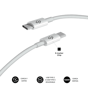 Subblim Cable Plus USB-C - 100W - Nylon Trenzado - 480Mbps - Chip E-Marker - 1 Metro - Color Blanco