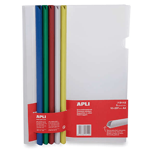 Apli Pack de 5 Encuadernadores Deslizantes 10x297mm - Capacidad de 100 Hojas - Con Funda Transparente - Ranura para Facil Insercion de Hojas - Colores