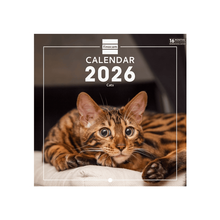 Finocam Calendario de Pared Internacional - Anual 2026 - Imagenes Variadas - 191x5x185mm - Tematica de Gatos 1
