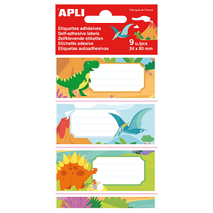 Apli Etiquetas Adhesivas Escolares Dinosaurios - Tamaño 81x36mm - 9 Etiquetas de Adhesivo Permanente de Alta Calidad - Ideal para Marcar e Identificar