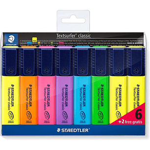 Staedtler Textsurfer Classic 364 Pack de 8 Marcadores Fluorescentes - Punta Biselada 1 - 5mm Aprox - Secado Rapido - Colores Surtidos