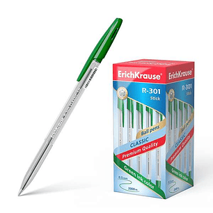 Erichkrause R-301 Boligrafo de Bola Punta 1.0mm - Trazo 0.5mm - Tinta de Secado Rapido - Cuerpo Transparente - Capuchon Ventilado - Color Verde