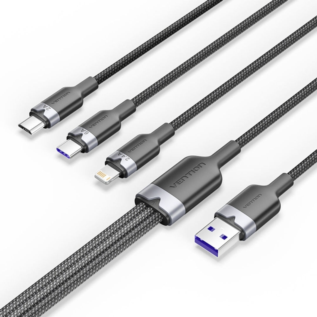Vention Cable USB-A 2.0 a USB-C, Lightning, Micro-B 6A - 1.5m - Trenzado - Color Negro 1