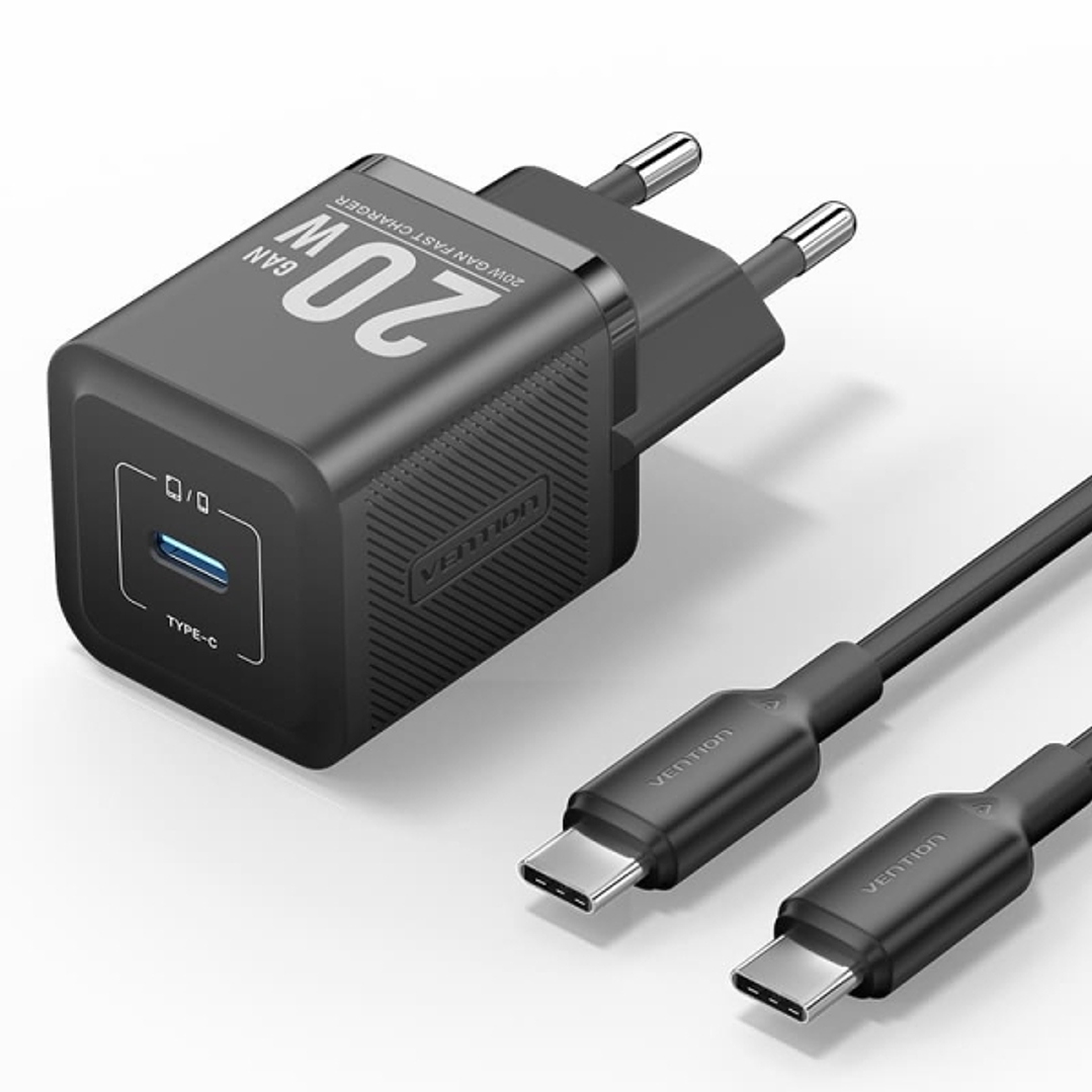 Vention Cargador de Pared GaN USB-C 20W - Cable USB-C 1m - Color Negro 1