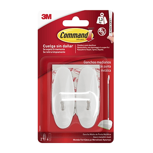 Command Pack de 2 Ganchos Medianos - Punta de Alambre - 4 Tiras Adhesivas - Soporta hasta 1.3kg - Color Blanco