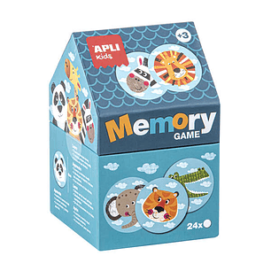 Apli Juego de Memoria Infantil - 24 Piezas Ø 8 cm - Dibujos de Animales Divertidos - Caja en Forma de Casita - Resistentes y Seguras - Mejora la Conce