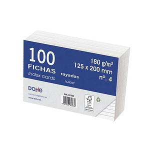 Dohe Fichas de Cartulina Offset Blanca - 180g - Rayadas - Paquete de 100 Fichas