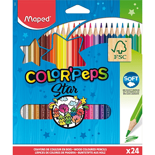Maped Color´Peps Star Pack de 24 Lapices de Colores Triangulares - Mina Suave - Madera Certificada FSC - Colores Surtidos