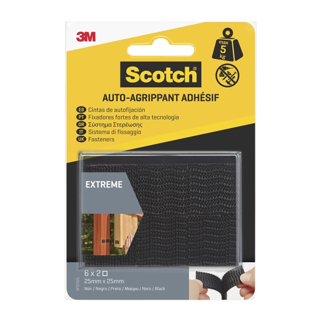 Scotch Extreme Pack de 6 Cierres Adhesivos Reposicionables - 25x25mm - Altas Prestaciones - Color Negro 1
