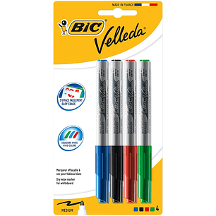 Bic Velleda 1741 Pack de 4 Rotuladores para Pizarra - Punta Media - Trazo de 1.4mm - Borrado Optimo - Colores Surtidos