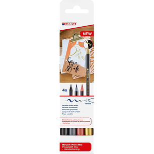 Edding 1340 Brush Pack de 4 Rotuladores - Punta Pincel Flexible - Trazo 1-3mm - Tinta con Base de Agua - Colores Oro, Negro, Gris y Albaricoque