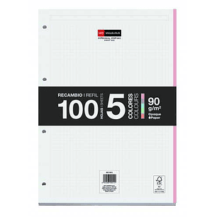 Miquel Rius Recambio Formato A4 - 100 Hojas Sueltas de 90gr con 4 Taladros - Banda de las Hojas en 5 Colores Pastel - Cuadricula 5x5