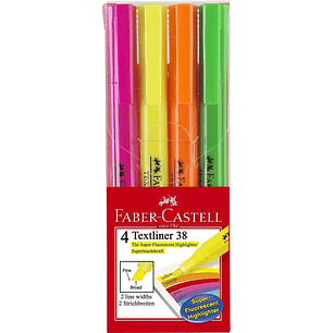 Faber-Castell Textliner 38 Pack de 4 Marcadores Fluorescentes - Cuerpo Fino - Punta Biselada - Trazo Grueso y Fino - Tinta con Base de Agua - Colores 