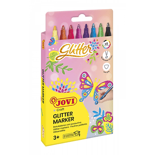 Jovi Glitter Marker Caja con 8 Rotuladores Efecto Purpurina - Tinta Base Agua - Grip Triangular Ergonomico - Punta Resistente - Tapon de Seguridad - T