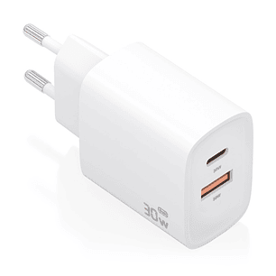 Aisens Cargador GaN 30W - USB-C PD3.0 - Tecnologia AI para Detectar Protocolo y Velocidad de Carga - Color Blanco