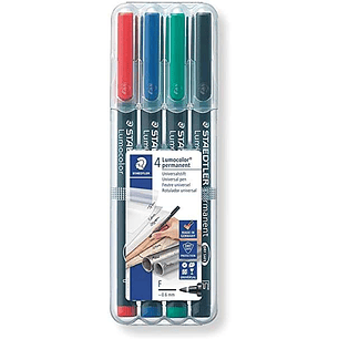 Staedtler Lumocolor 318 Pack de 4 Rotuladores Permanentes - Punta Fina Redonda - Trazo 0.6mm - Capuchon con Clip - Secado Rapido - Colores Surtidos