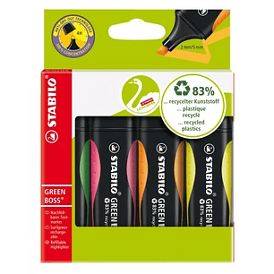 Stabilo Green Boss Pack de 4 Marcadores Fluorescentes - Fabricado con un 83% de Plastico Reciclado - Trazo entre 2 y 5mm - Recargable - Colores Surtid