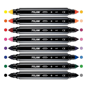 Milan Pack de 8 Rotuladores Maxi Bicolor Doble Punta - Punta Conica 7.5mm - Tinta al Agua - Lavable - Colores Surtidos