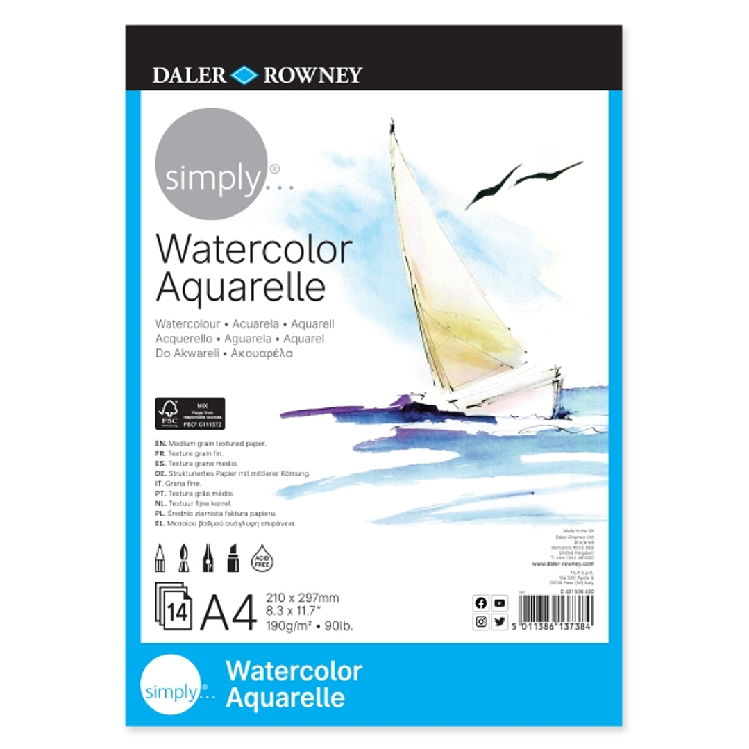 Daler Rowney Simply Bloc Encolado para Acuarela - A4 - 190g - 14 Hojas - Color Blanco 1