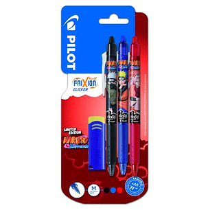 Pilot Frixion Clicker Naruto Shippuden Pack de 3 Boligrafos de Gel Retractil Borrable + Borrador - Punta de Bola 0.7mm - Trazo 0.4mm - Grip de Agarre 