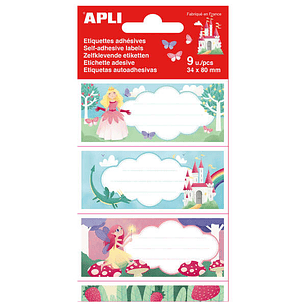 Apli Etiquetas Adhesivas Escolares Princesas - Tamaño 81x36mm - 9 Etiquetas en 3 Hojas - Adhesivo Permanente de Alta Calidad - Diseño Princesas - Colo