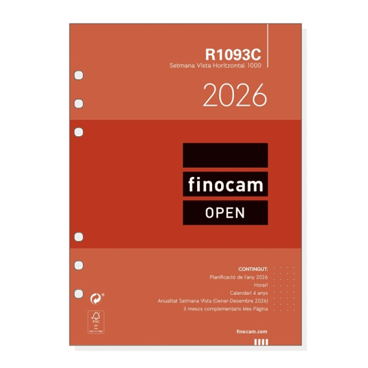Finocam R1093C Recambio para Agendas Open en Catalan - Anual 2026 - Formato 1000 - 155x6x215mm - Semana Vista Horizontal - Color Blanco 1