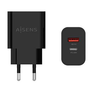 Aisens Cargador 20W - 1xUSB-C PD3.0 - 1xUSB-A QC3.0 - Color Negro