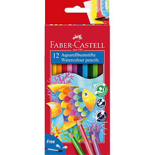 Faber-Castell Classic Colour Acuarelable Pack de 12 Lapices de Colores Hexagonales Acuarelables + Pincel - Resistencia a la Rotura - Colores Surtidos