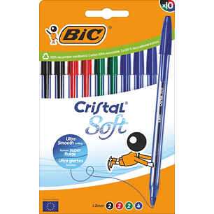 Bic Cristal Soft Pack de 10 Boligrafos de Bola - Punta Media de 1.2mm - Trazo 0.45mm - Escritura mas Fluida - Colores Surtidos