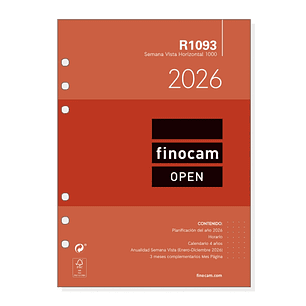 Finocam R1093 Recambio Anual 2026 para Agendas Open 2026 - Formato 1000 - 155x6x215mm - Semana Vista Horizontal - Color Blanco