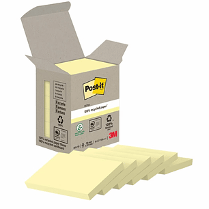 Post-It Pack de 6 Blocs de 100 Notas Adhesivas Recicladas - Forma Rectangular - 51x38mm - Color Amarillo Claro