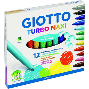 Giotto Turbo Maxi Pack de 12 Rotuladores - Punta Gruesa  5mm - Tinta al Agua - Lavable - Colores Surtidos