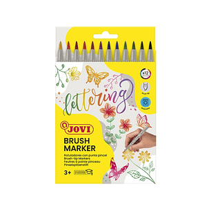Jovi Brush Marker Pack de 12 Rotuladores Punta Pincel 4.5mm - Punta Suave y Flexible - Trazos Finos y Gruesos - Tinta Base Agua - Ideal para Lettering