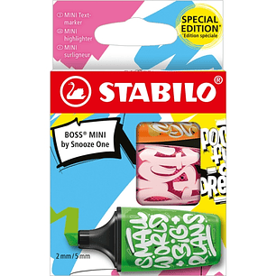 Stabilo Boss Mini by Snooze One Pack de 3 Mini Marcadores Fluorescentes - Trazo entre 2 y 5mm - Tinta con Base de Agua - Antisecado - Colores Surtidos