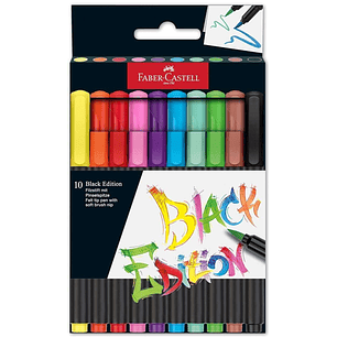 Faber-Castell Black Edition Pack de 10 Rotuladores Punta Pincel - Tinta a Base de Colorantes Alimentarios - Colores Surtidos