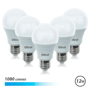 Elbat Pack 5 Unidades - Potencia 12W - Lumenes 1080 - Tipo de Luz 6500K Luz Fria - Casquillo E27 - Angulo 220º - Dimensiones 60X120mm - 30.000 Horas d