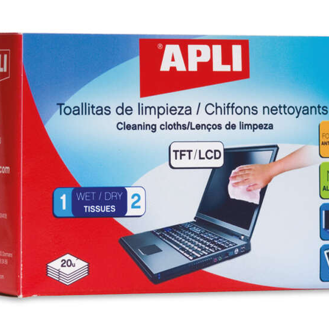 Apli Toallitas de Limpieza para Equipos Electronicos - Propiedades Antiestaticas - Incluye 20 Sobres con Toallita Humeda y Seca - sin Alcohol 1