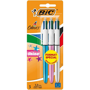 Bic 4 Colours Shine Pack de 3 Boligrafos de Bola Retractil - Punta de 1mm - Trazo de 0.4mm - Tinta con Base de Aceite - Cuerpo Oro/Blanco - 4 Colores
