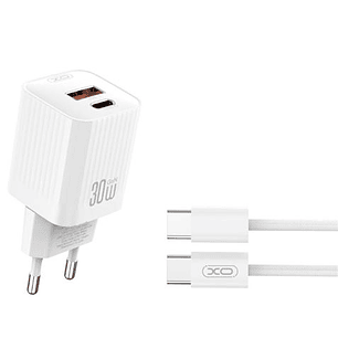 XO L149 Cargador de Corriente 30W - USB-A y USB-C - Alto Rendimiento - Incluye Cable USB-C a USB-C - Color Blanco