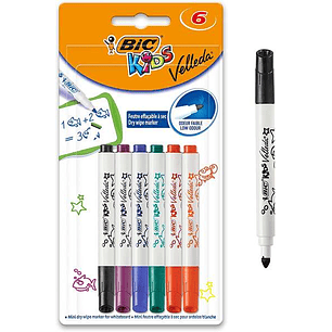 Bic Kids Mini Velleda Pack de 6 Rotuladores para Pizarra - Punta Bloqueada - Tinta con Base de Alcohol - Borrado Optimo - Colores Surtidos