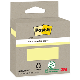Post-It Pack de 2 Blocs de 100 Notas Adhesivas Recicladas - Forma Cuadrada - Color Amarillo Claro