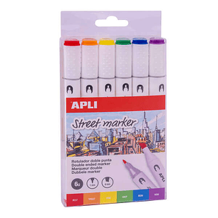 Apli Street Markers Pack de 6 Rotuladores de Doble Punta - Puntas de 1mm y 6mm - Tinta de Base Alcohol - Multifuncionales para Dibujar, Pintar y Color