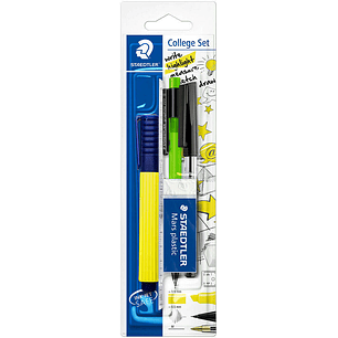 Staedtler Pack Escolar Compuesto por 1 Marcador Amarillo + 1 Goma de Borrar + 1 Boligrafo Negro + 1 Portaminas de 0.5mm + 1 Regla