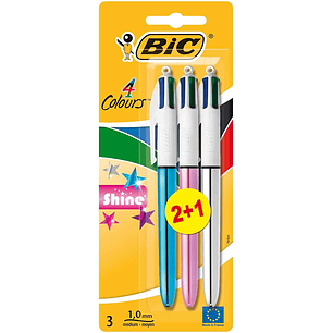 Bic 4 Colours Shine 2+1 Pack de 3 Boligrafos de Bola Retractil - Punta Media de 1.0mm - Tinta con Base de Aceite - Cuerpo de Colores Metalicos Surtido