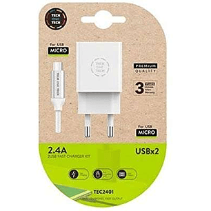 TechOneTech Cargador Doble de Pared + Cable USB-A a Micro-USB 2.4 1m - Recubierto de Nylon Trenzado